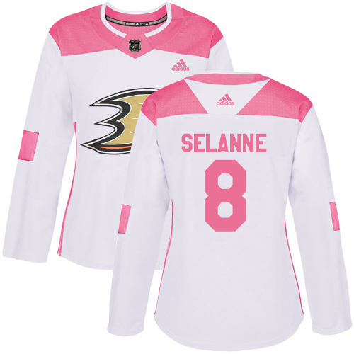 Adidas Ducks #8 Teemu Selanne White/Pink Authentic Fashion Women's Stitched NHL Jersey
